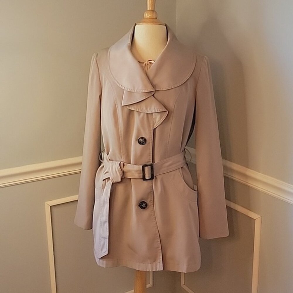 CYNTHIA ROWLEY Taupe Ruffle Collar Single Breasted Belted‎ Classic Trench Coat M